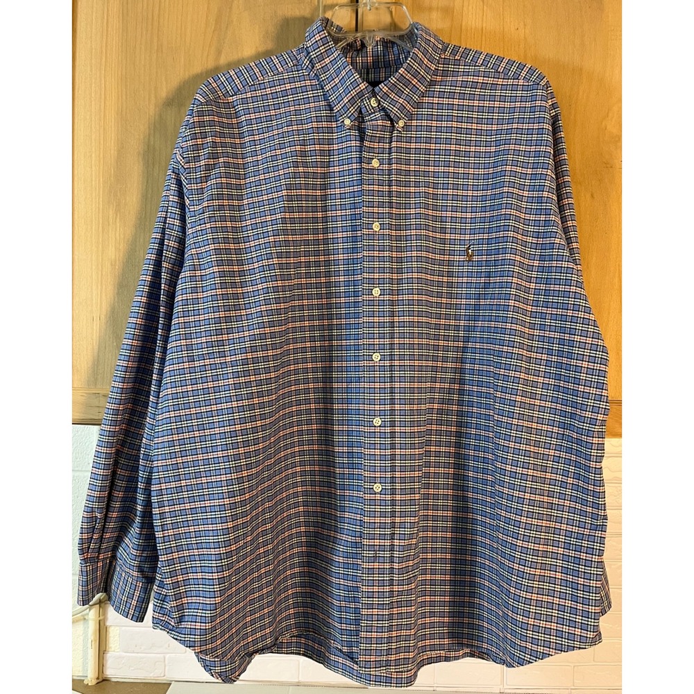 Ralph Lauren Button Down Shirt Mens 3XB Blue Plaid Long Sleeve Pony Logo